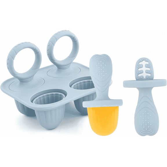 Hakochia Silicone Baby Ice Pop Molds with Easy-Grip Handles, 4-Cavity Frozen Food Feeder Tray for Toddlers, Mini Popsicle Maker for Feeding Stage, Fruit Puree & Breast Milk Snacks