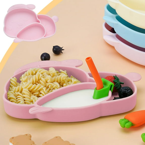 Silicone Baby Plate With Suction , Rabbite Shape Suction Plate for Toddler , Cute Kids Suction Plate , Baby Toddler Divided Plate , Pink