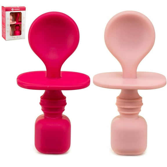 Silicone Baby Spoons for Baby Led Weaning 2-Pack, First Stage Baby Feeding Spoon Set Gum Friendly BPA Lead Phthalate and Plastic Free, Great Gift Set (Pink)