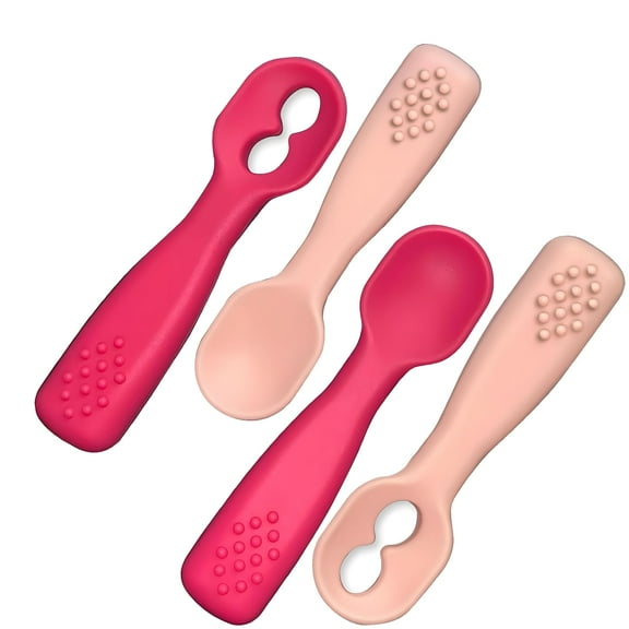 Silicone Baby Spoons First Stage Baby Feeding Spoons Stage 1 and Stage 2-4pcs (Dark & Light Pink)