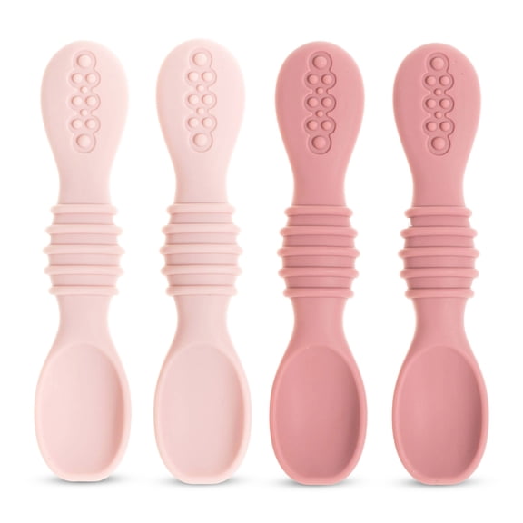 Silicone Baby Spoons for Baby Led Weaning 4-Pack, First Stage Baby Feeding Spoon Set Gum Friendly BPA Lead Phthalate and Plastic Free, Baby Pink