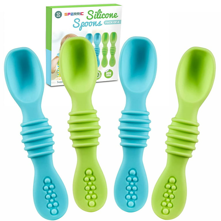 Silicone Baby Spoons for Baby Led Weaning 4-Pack, First Stage Baby Feeding  Spoon Set Gum Friendly , Great Gift Set (Blue) 