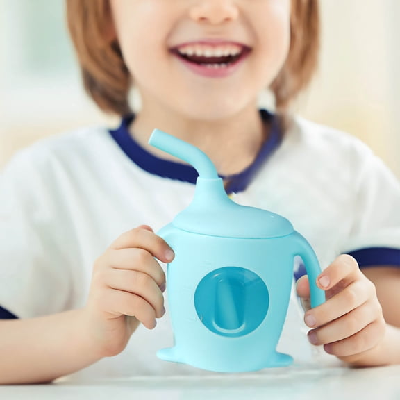 Silicone Baby Straw Cup,Leak-Proof Sippy Cups with Capacity Marking,Training Cup with Lids and Soft Spout for Infant and Toddler - Non-slip Handle,Easy Grip,Suit for Drinks and Snacks