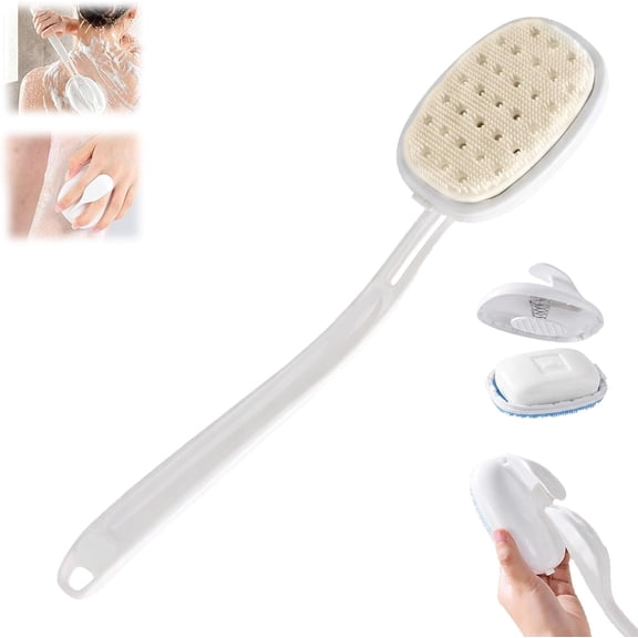 Silicone Back Scrubber with Built-in Soap Reservoir, Detachable Curved Long Handle Brush, Non-Slip Grip for Hard-to-Reach Back, Shower Exfoliating & Lotion Applicator (Beige)