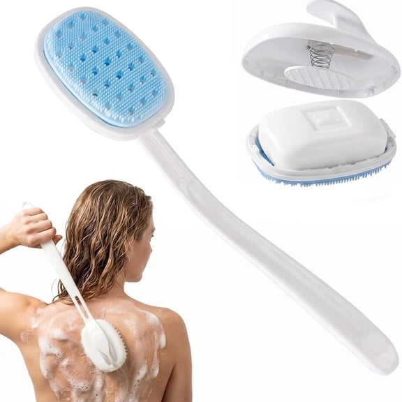 Silicone Back Scrubber with Built-in Soap Reservoir, Detachable Curved Long Handle Brush, Quick-Drying Non-Slip Grip, Thorough Cleansing & Gentle Exfoliation for Hard-to-Reach Back