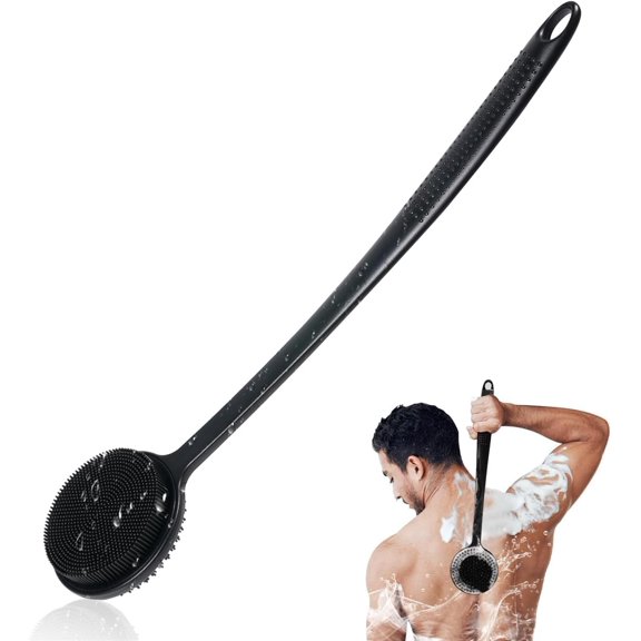 Shower silicone back scrubber, 17-inch extended handle body brush, double-sided shower brush for exfoliating and massaging in the shower, can produce rich foam, men's long-handled back scrubber
