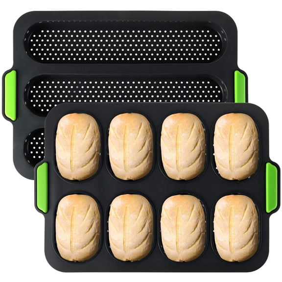 Silicone Baguette Pan Set 2 Pack Nonstick Bread Roll Mold Baking Tray Oven Safe 8 Cavity Sub Rolls Loaf Pan