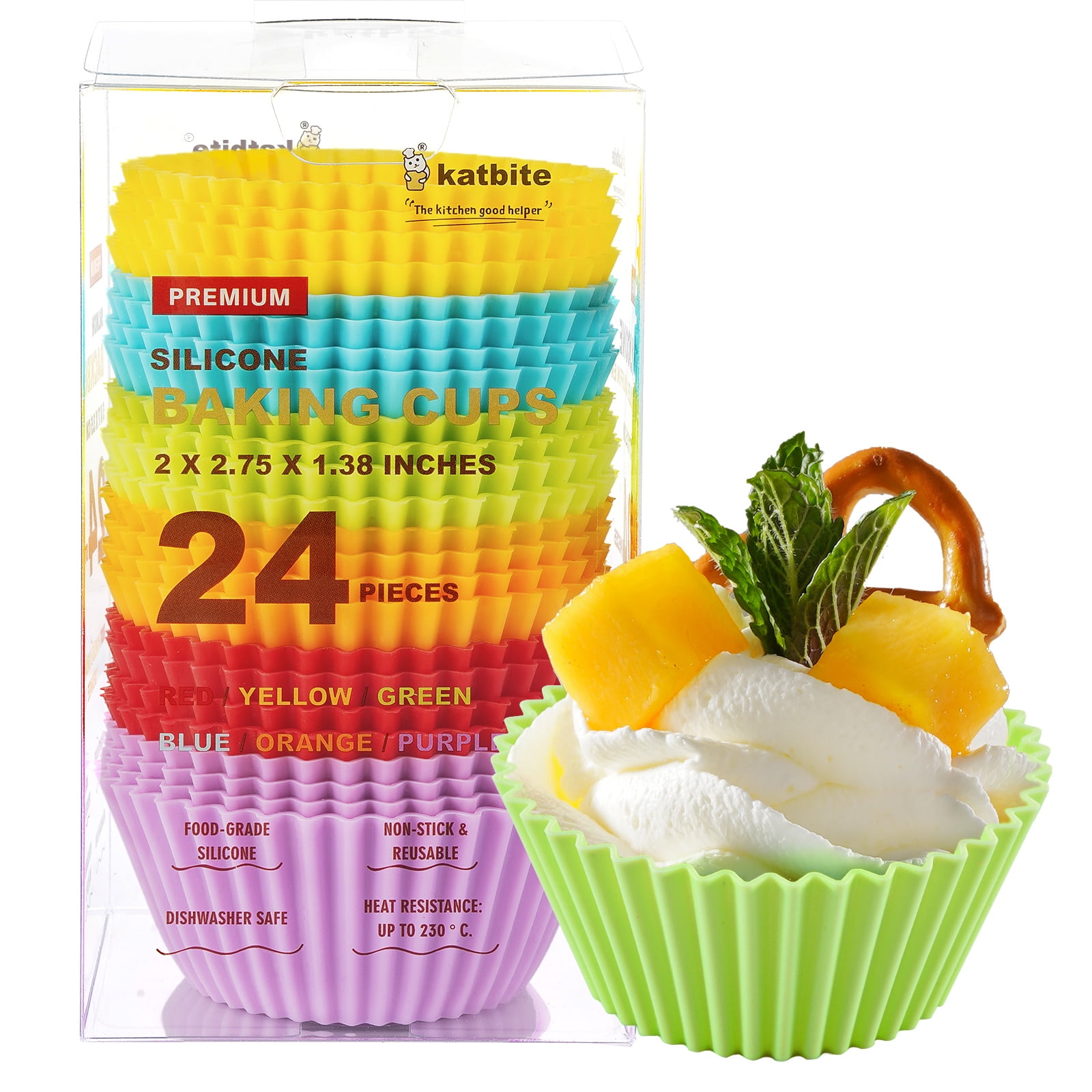 Katbite Silicone Baking Cups, 24 Counts Reusable Silicone Cupcake Liners, Multicolor