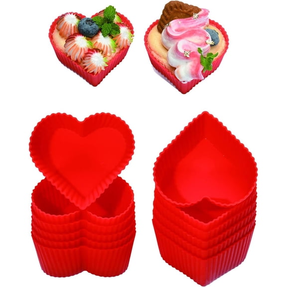 Silicone Baking Cups Cupcake Liners - Non-Stick Pastry Muffin Liner Molds,2.75 Inch Mini Cupcake Silicone Mold, Reusable Storage Container,Heart, 12 Pack