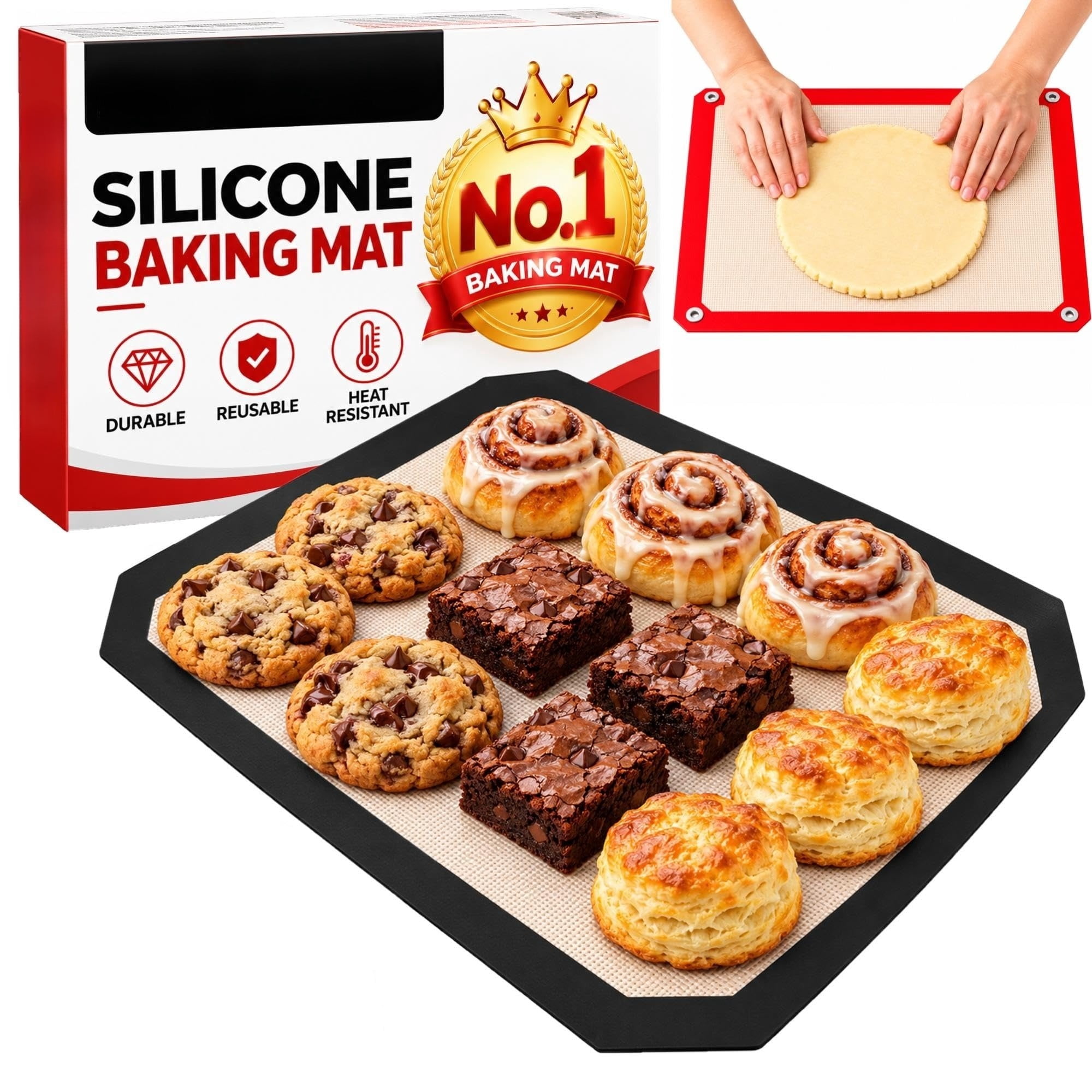 Silicone Baking Mat ，2 in 1 Reusable Nonstick Cooking Liner Raised Edge ...