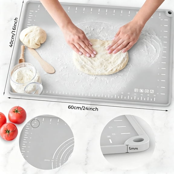 Silicone Baking Mat 24" x 16", Extra Thick Dough Rolling Mat with Measurements and Edge Heightening, Non-Stick Food Grade Silicone for Pastry, Bread