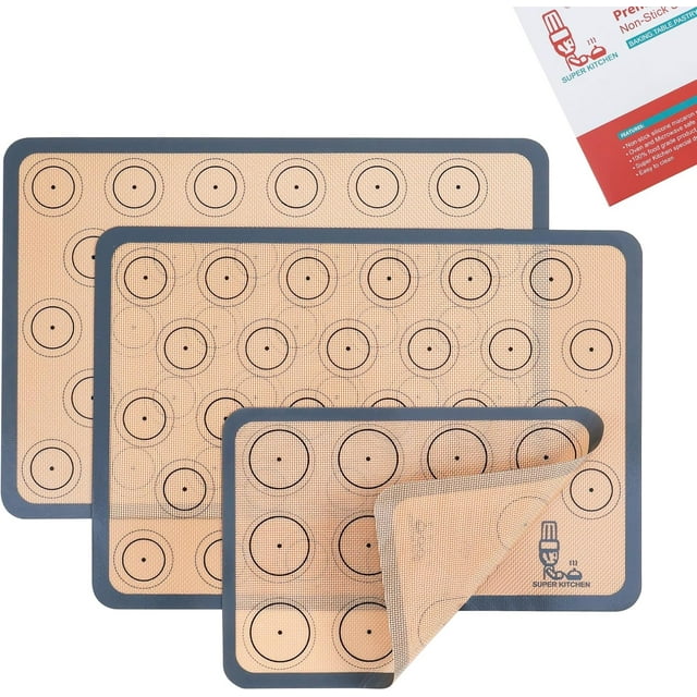 Silicone Baking Mat Macaron - Set of 3 (2 Half Sheet Liners and 1 Quarter Sheet), Non Stick Silicon Cookie Oven Liner For Macaroons, Bake Pans, Pizza, Toaster, Cake and Bread Making (16.5x11.6, Grey)