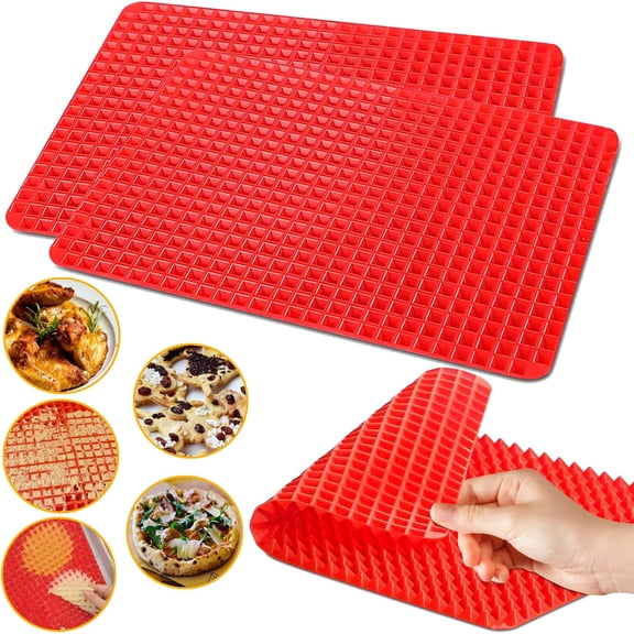 Silicone Baking Mat Pyramid Sheets Cooking Pan 16"x11" 2 Pack-RedBest Healthy Fat Reducing Nonstick Cooking Mat for Baking Mat with Grid for Oven Grilling BBQ, Baking and Roasting