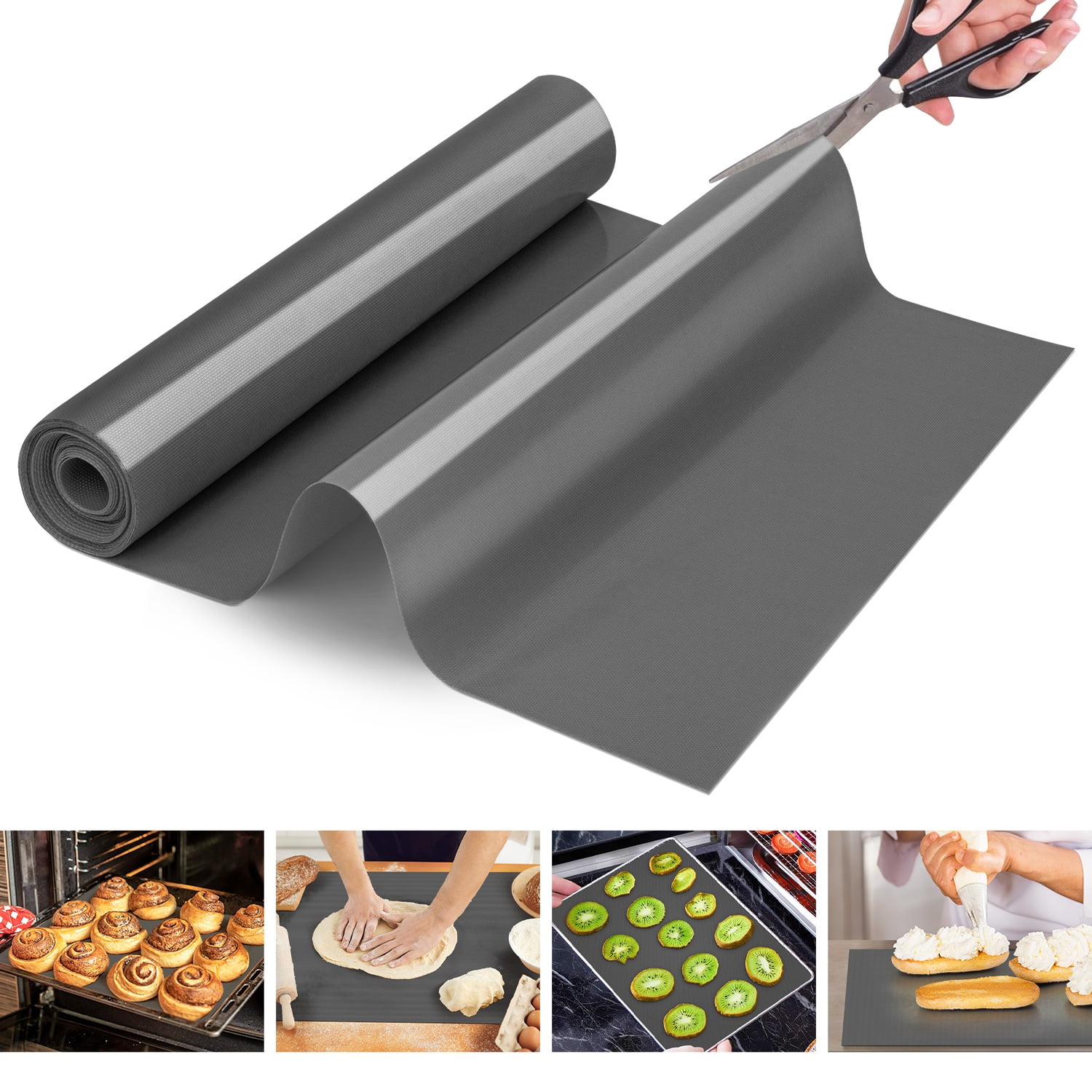 Silicone Baking Mat Roll - Non Stick, Heat Resistant Pastry Mat for Macarons, Bread, Cookies | Kitchen Countertop Protector | Dough Rolling Mat Gray