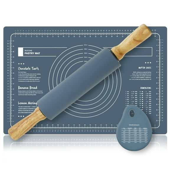 Silicone Baking Mat Set with Rolling Pin and Dough Scraper Heat Resistant Silicone Pastry Pad Nonstick Rectangular Cookie Mat for Pizza Dough Cookies