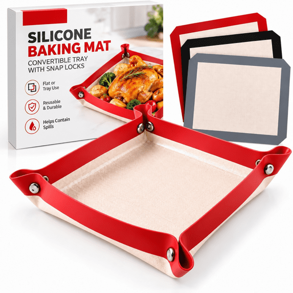 Silicone Baking Mat with Snap Lock Corners, Convertible Baking Sheet ...