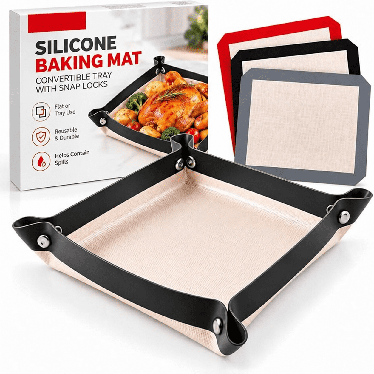 Silicone Baking Mat with Snap Lock Corners, Convertible Baking Sheet ...