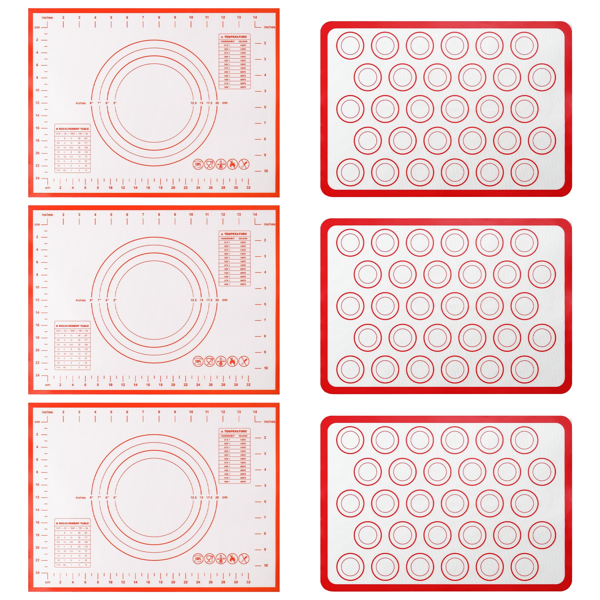 6 Pack Silicone Baking Mat Set, Silicone Baking Sheet, 3 Silicone Pastry Mats for Rolling Dough, 3 Macaron Baking Mats for Oven Baking