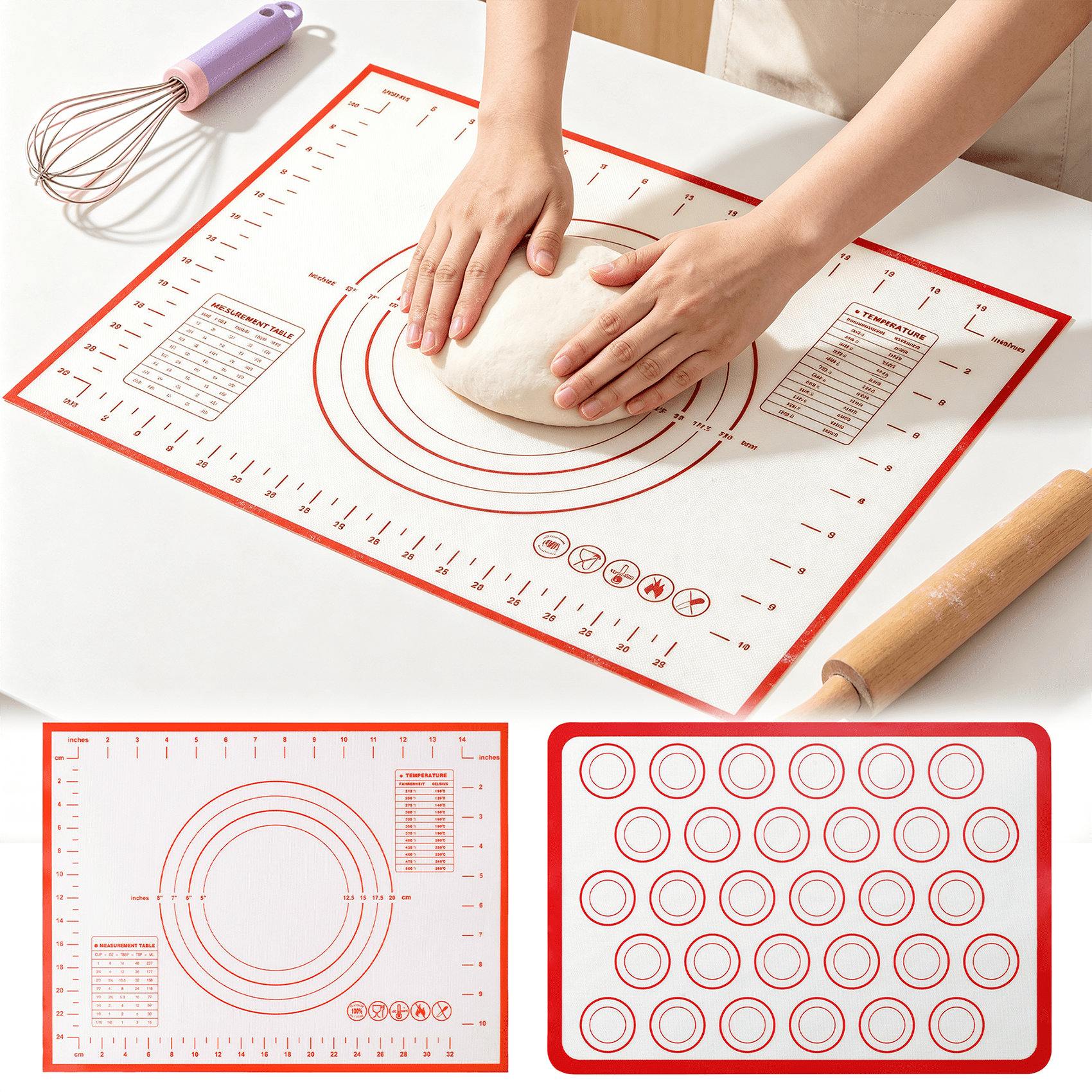 GARITIN 6 Pack Silicone Baking Mat Set, Silicone Baking Sheet, 3 Silicone Pastry Mats for Rolling Dough, 3 Macaron Baking Mats for Oven Baking