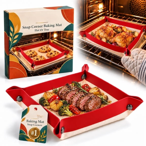 Silicone Baking Mat with Snaps, Leakproof Nonstick Reusable Snap-Up Edge Baking Tray Liner for Oven Roasting