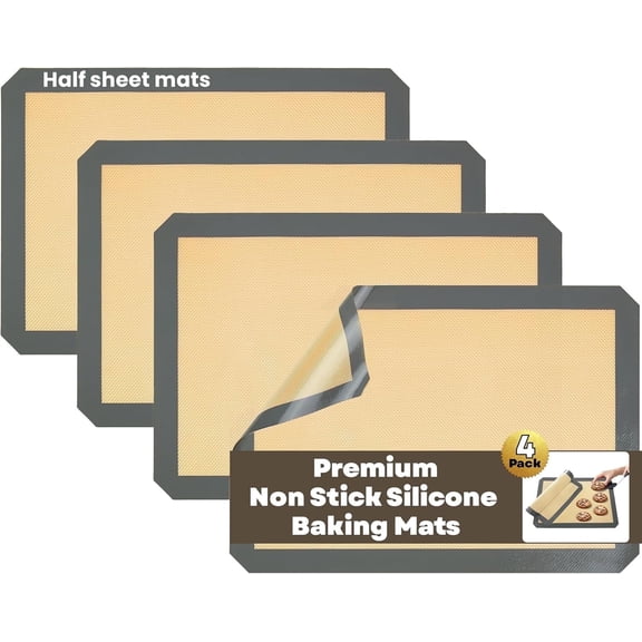 Silicone Baking Mats Half Sheet Non Stick for Oven Reusable 4 Pack - Thick Heavy Duty Silicone Baking Mat Cookie Sheet 1/2 Size for Macaron & Pastry - Half Size Rectangular Cooking Oven Liner Pad