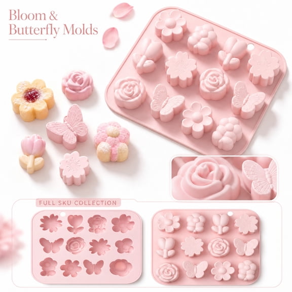 Silicone Baking Mold 12 Cavity Assorted Flower and Butterfly Shapes Non Stick Easy Release Grade Silicone Mold for Chocolate Candy Gummy, Great Baking Tool for Beginners and Home
