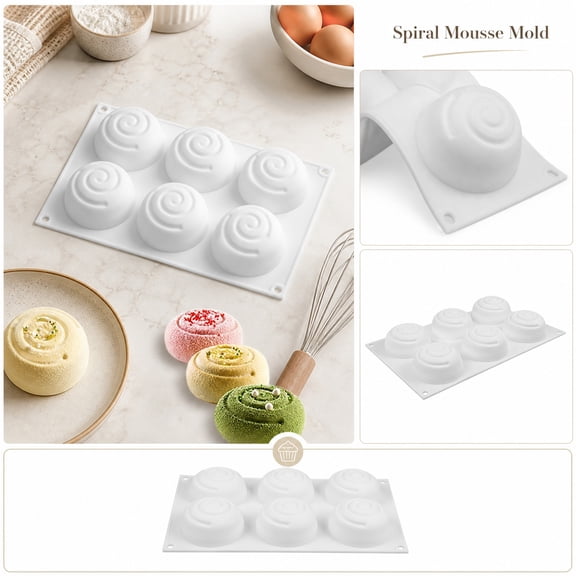 Silicone Baking Mold, 6-Cavity Spiral Mousse Dome Mold, Dome Dessert Mold for French Desserts, Non Stick Cake Mold for Homemade Treats, Heat Resistant Flexible 12X7X1.5 in Baking