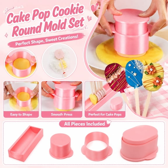 Silicone Baking Mold Set, Cakesicle Molds Silicone, Silicone Molds For, Silicone Cake Molds, 2-Piece 3X3X1.5 Inch Round Lollipop Biscuit Circle Cake Pop Mold Set, Pink Flexible