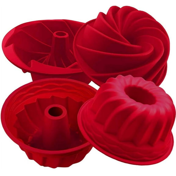 Silicone Baking Molds 2-Pack, Fluted Round Cake Pan, Non-Stick Cake Pan for Jello,Buntcake,Gelatin,Bread, Tube Bakeware Red