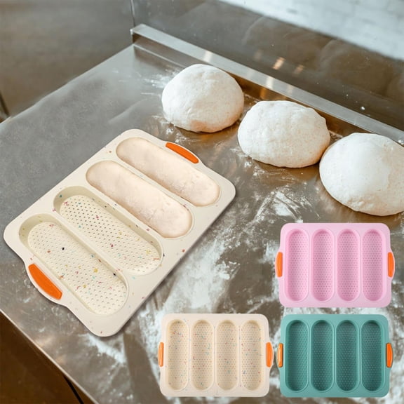 Silicone Baking Molds 4-Cavity Silicone Bread Pan Non-Stick Sourdough Mold for Homemade Sandwich Rolls Baking 1Pcs 34x23.8x2.5cm Green Rkxzt