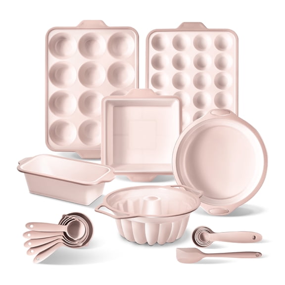 COOK WITH COLOR 17-Pc Silicone Baking Set, Non Stick Baking Pan Set with Sturdy Metal Frame, Pink
