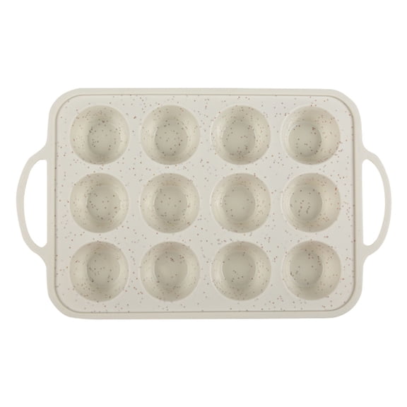 Silicone Baking Pan with Metal Reinforced Frame, 12 Cup Regular Size Cupcake Tray, Coffee Color Dots