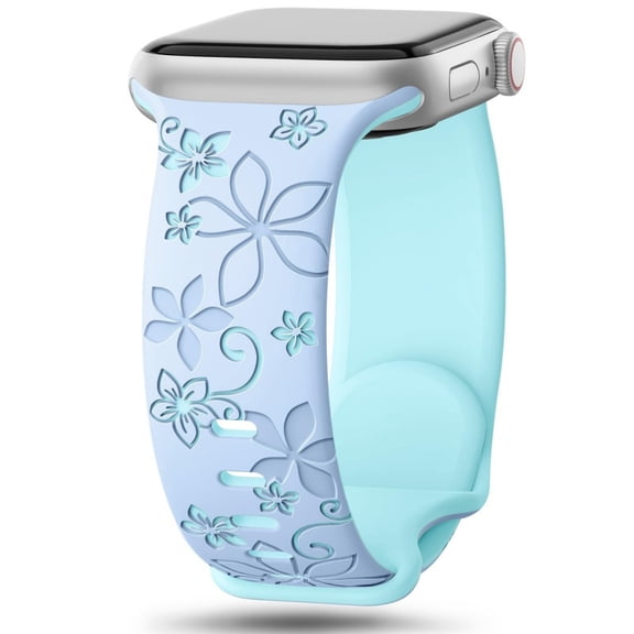 Pozyie  Floral Engraved Bands for with Apple Watch 42/44/45/46/49mm for Women,Cute Flower Soft Silicone Sport Strap for iWatch Series ，Ice Blue