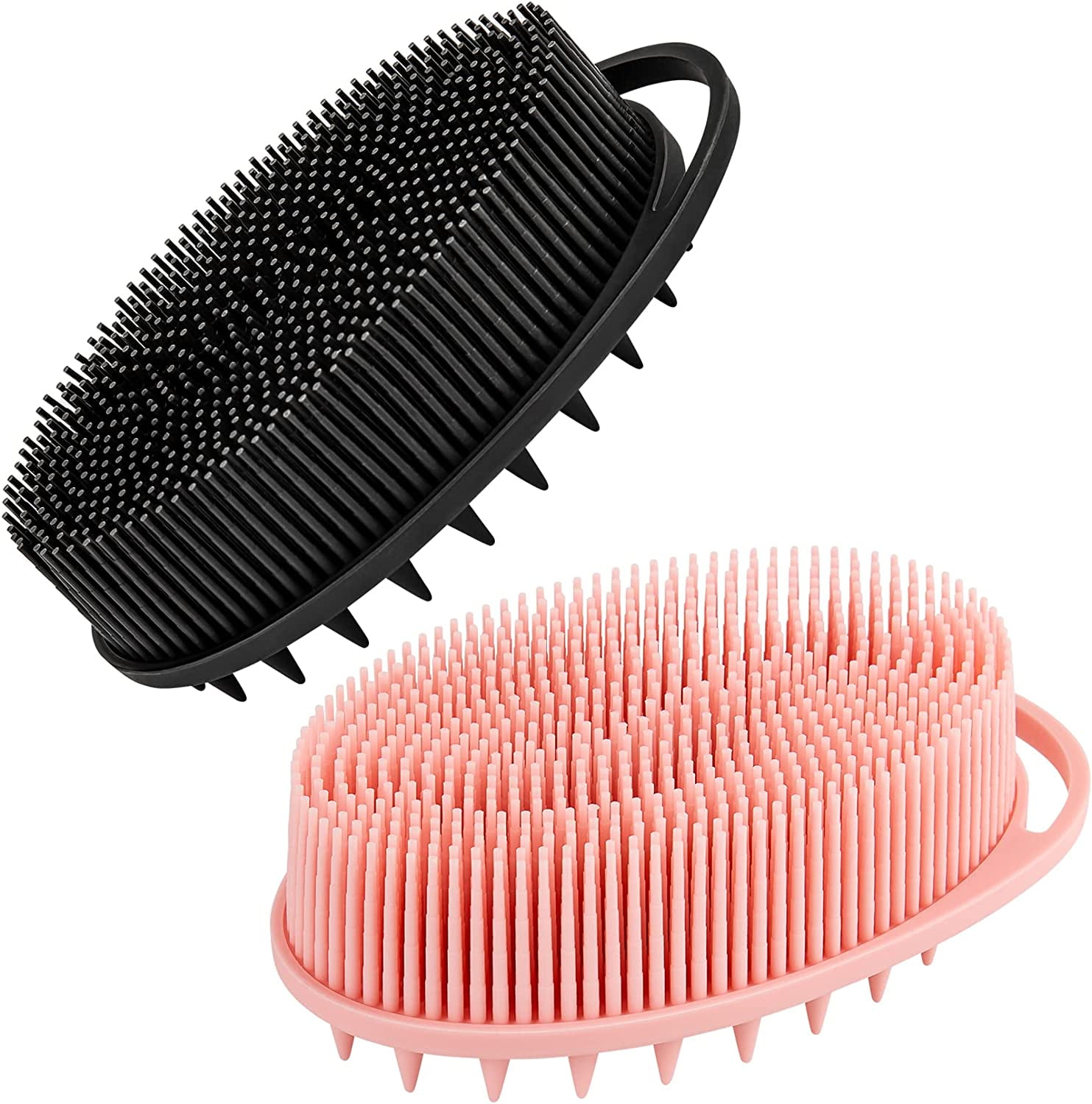Silicone Bath Brush for Body Wash, 2 in 1 Exfoliating and Massaging Hair Body Scrubber, Skin-Friendly Scalp Massager, Black and Pink 2pcs