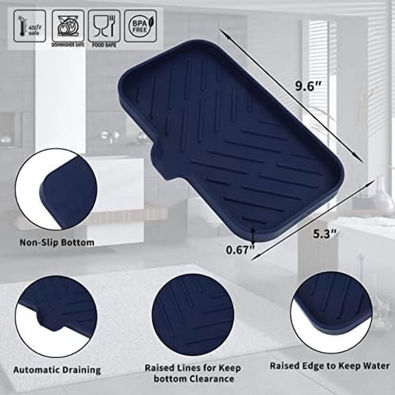 Silicone Bathroom Soap Dishes with Drain Spout-Kitchen Sink Organizer,Sponge Holder,Dish Soap Tray,Perfect for Dispenser,Scrubber,Bottle,Cup on Sink or Counter-Navy Blue 9.6"×5.3"