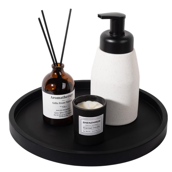 Silicone Bathroom Tray Round Vanity Tray Decorative Soap Holder Kitchen Countertop Organizer Coffee Table Decor for Candle, Perfume, Plant, 9 Inch, Black
