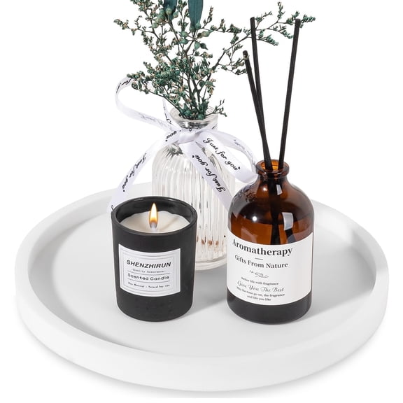 Silicone Bathroom Tray Round Vanity Tray Decorative Soap Holder Kitchen Countertop Organizer Coffee Table Decor for Candle, Perfume, Plant, 9 Inch, White