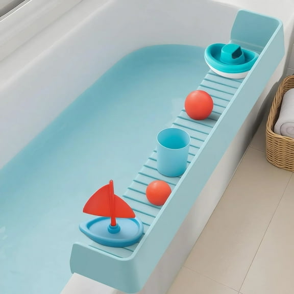 Silicone Bathtub Splash Guard & Play Tray for Toddlers – 31.5" Spill Guard, 11 Suction Cups, Toy Storage Shelf, 1-Pack – No Mess Bath Time, Blue