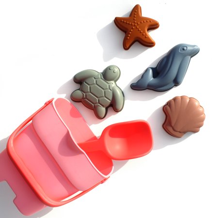 Silicone Beach Toy Set – Travel Friendly Sand Toy - Building Sand Castles with Collapsible Sand Bucket, Rounded Shovel and 4 Sea Creature Sand Molds for Kids Age 3+