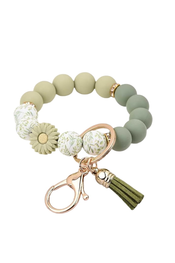 Silicone Beaded Bracelet Keychain Wristlet Key Ring Bangle Chains for Women with Leather Tassel (Green)