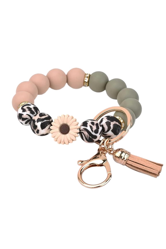 Silicone Beaded Bracelet Keychain Wristlet Key Ring Bangle Chains for Women with Leather Tassel (Multicolor)