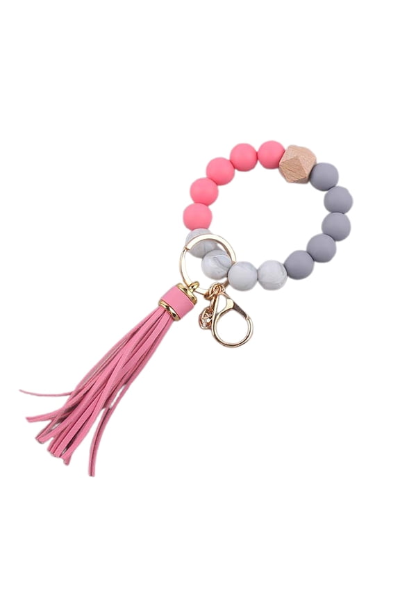 Silicone Beaded Bracelet Keychain Wristlet with PU Leather Tassel Portable Key Ring Bangle for Women Car Keys Holder