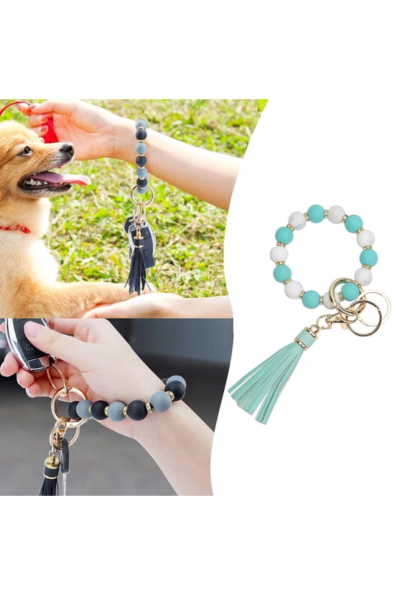 Silicone Beaded Bracelet Keychain with PU Tassel Wristlet Key Holder