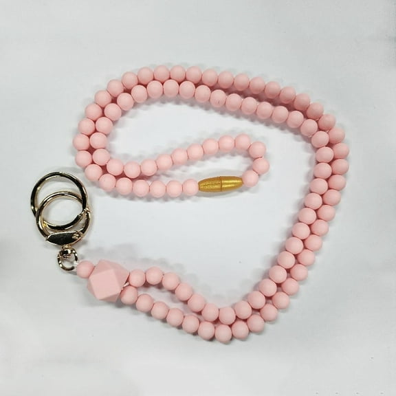 Silicone Beaded ID Card Neck Straps Name Card Holders with Plastic Breakaway Clasps & Alloy Split Key Rings Pearl Pink 450mm