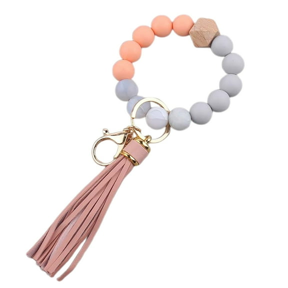 Silicone Beaded Keychain Bracelet Wristlet with PU Leather Tassel and Elegant Key Ring for Women