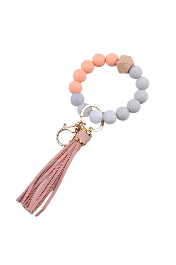 Silicone Beaded Keychain Bracelet Wristlet with PU Leather Tassel and Elegant Key Ring for Women