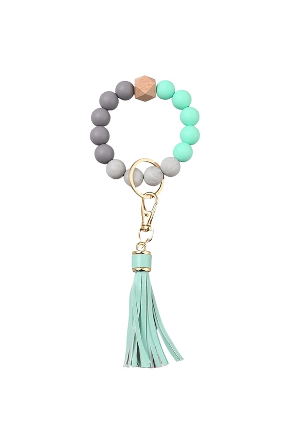 Silicone Beaded Keychain Wristlet Bracelet Key Ring Bangle Chains Key Holder with White PU Leather Tassel