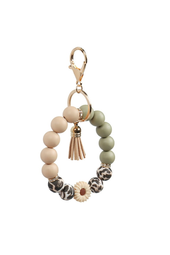 Silicone Beaded Keychain Wristlet Key Ring Bracelet Cute Car Key Chain Holder for Women Girls (Daisy Leopard)