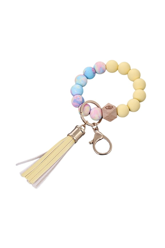 Silicone Beaded Wristlet Key Ring Bracelet With Tassel For Women