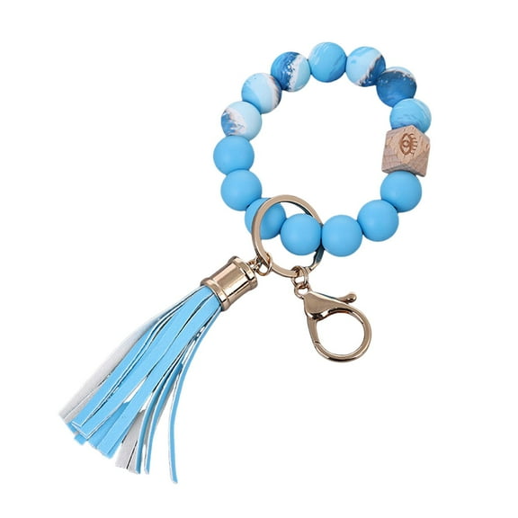 Silicone Beaded Wristlet Keychain with Leather Tassel - Women's Bracelet Key Ring